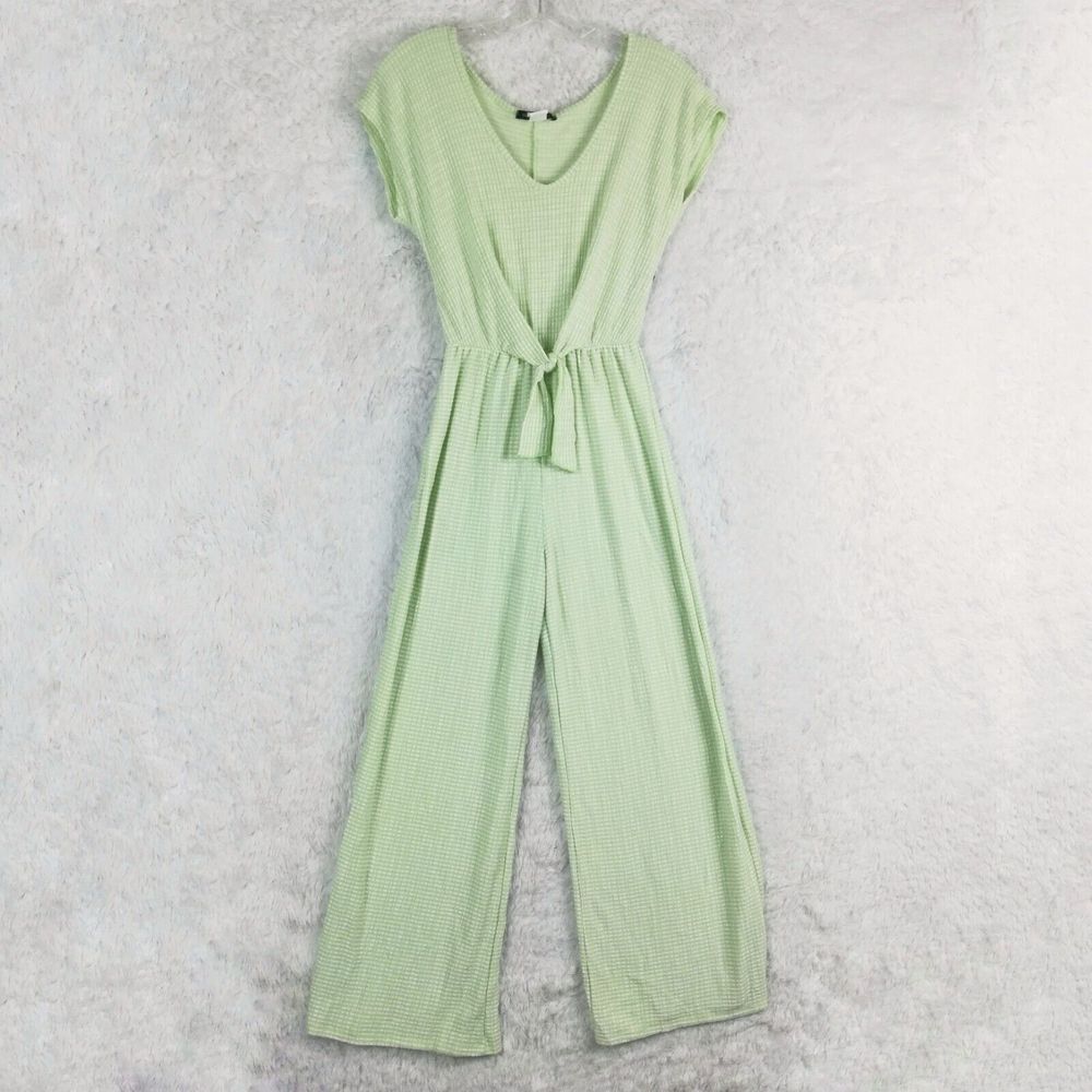 Caught To The Wind Womens Romper Green White Check‎ Short Sleeve Faux Tie S New